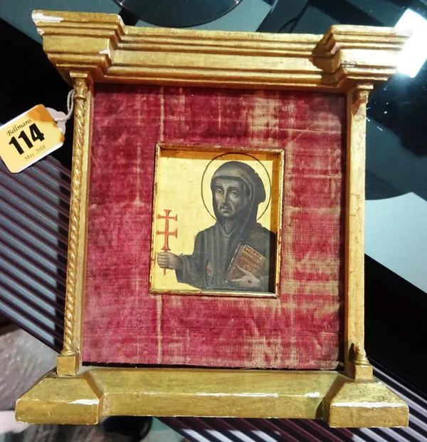 St Francis, a gilt framed icon, red velvet border, 17cm high.  CAB
