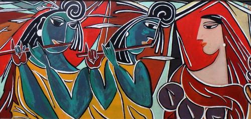 Attributed to George Keyt (1901-1993), Musicians, oil on board, bears a signature, 34cm x 71cm.