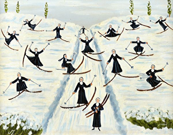 Mary Raymond (Mrs Henry Elliott-Blake, 20th century), Nuns skiing, oil on canvas, signed with monogram, 34cm x 44cm. DDS  Illustrated