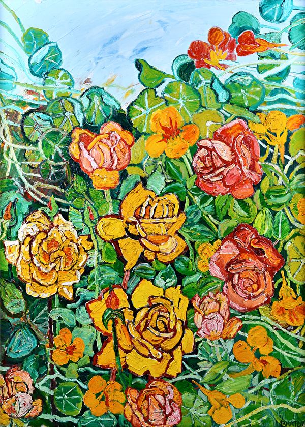 John Bratby (1928-1992), September Roses entangled with Nasturtiums, oil on canvas, signed, inscribed and dated 1968 on stretcher, 121cm x 89cm. Toget