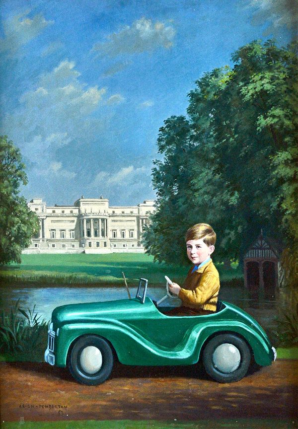 John Leigh-Pemberton (British, 1911-1997), H.R.H. Prince Charles as a boy in a pedal car in the grounds of Buckingham Palace, oil on canvas, signed an