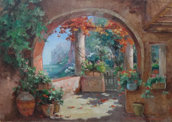 R** Romalneli? (20th century), An Italian courtyard, oil on canvas, indistinctly signed, 69cm x 99cm.