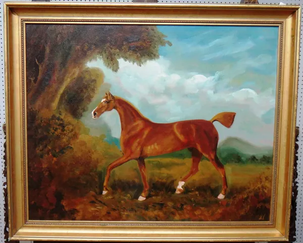 English School (20th century), A bay hunter in a landscape, oil on canvas, 59cm x 74cm.  F1