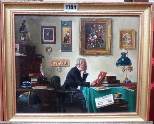 Curt Bruckner (1896-1959), The Connoisseur; The Chess Game, a pair, one indistinctly signed, oil on board, each 23cm x 29cm.(2) DDS