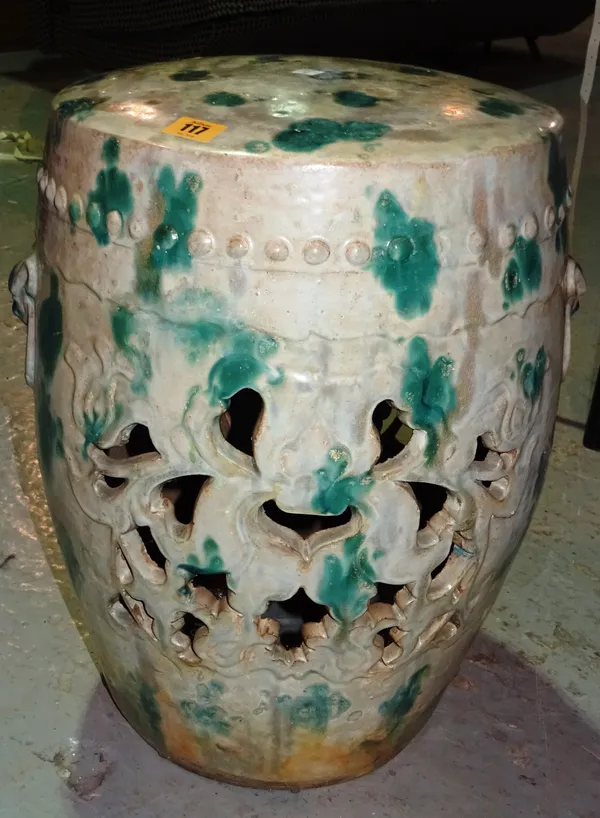 A 20th century Asian mottled celadon decorated garden seat.   F5