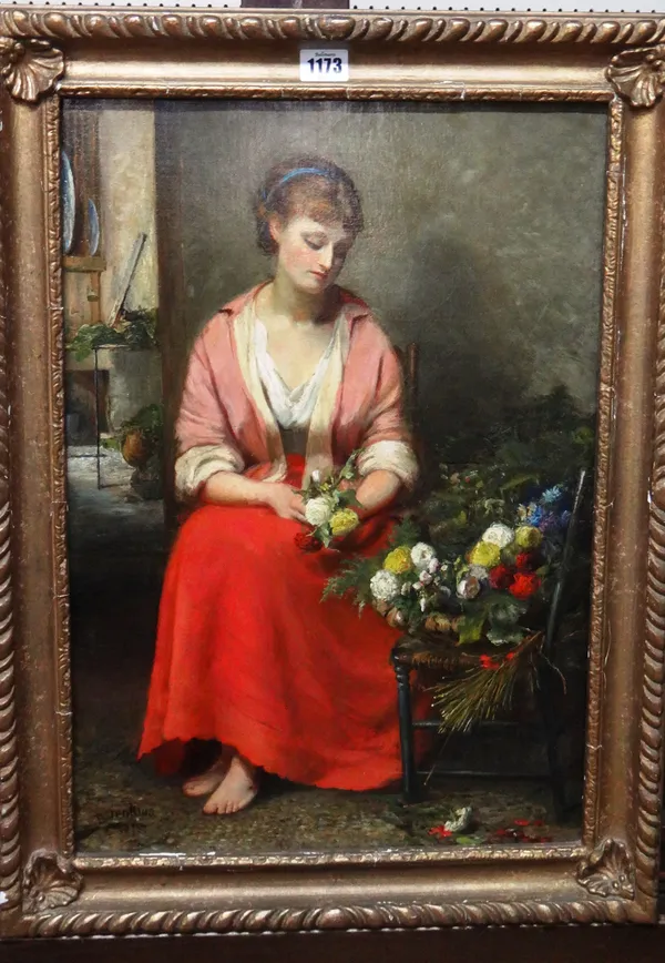 Blanche Jenckins (fl.1872-1915), A girl in an interior arranging flowers, oil on canvas, signed and dated 1873, 52cm x 36cm.