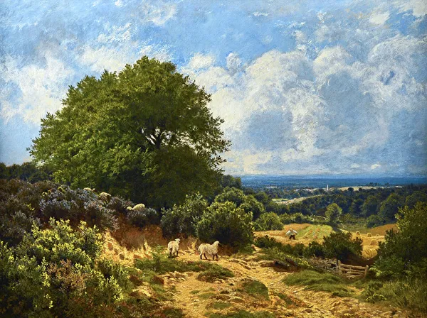 John Clayton Adams (1840-1906), Harvesting in Surrey, oil on canvas, signed and dated 1878, 44cm x 60cm.  Illustrated