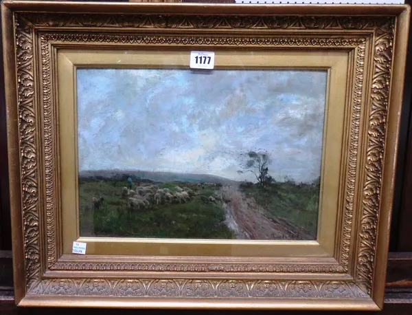 Claude Hayes (1852-1922), Sheep grazing in a landscape, oil on board, signed, 23cm x 33cm.