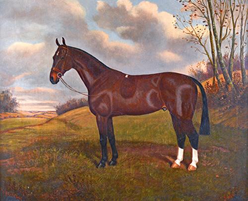 William Albert Clark (fl.1899-1936), 'Jimbo': A bay hunter in a landscape, oil on canvas, signed and inscribed, 69cm x 85cm.  Illustrated