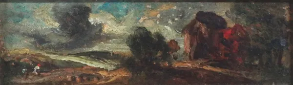 English School (early 19th century), Landscape with figures, oil on board, 6cm x 17cm.