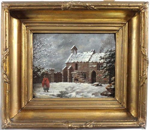 John Cranch of Bath (1751-1821), Figure by a church in a winter landscape, oil on panel, 12cm x 14cm.