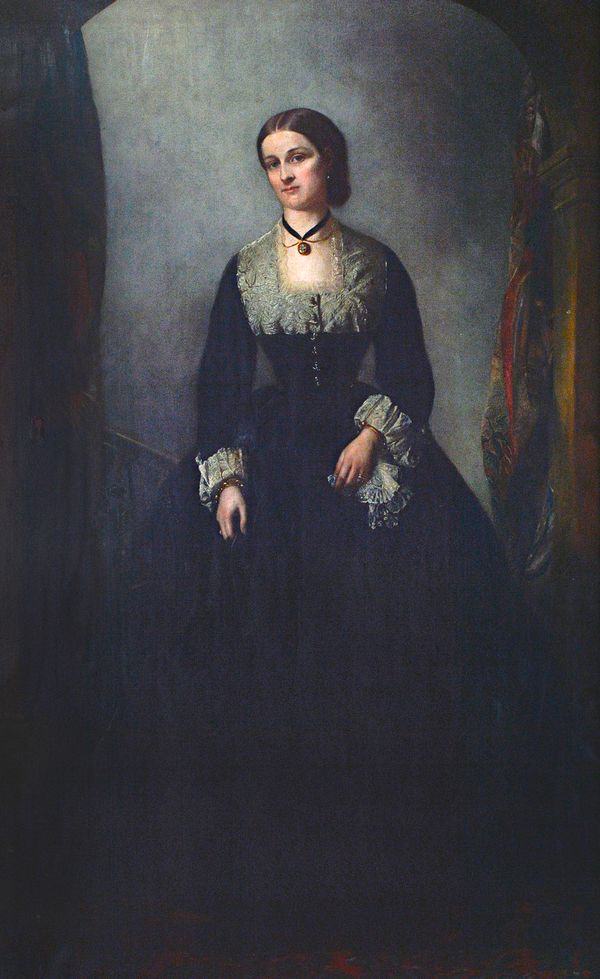 Continental School (mid-19th century), Portrait of a lady, full length, oil on canvas, signed with monogram and dated 1865, 235cm x 147cm.  Illustrate