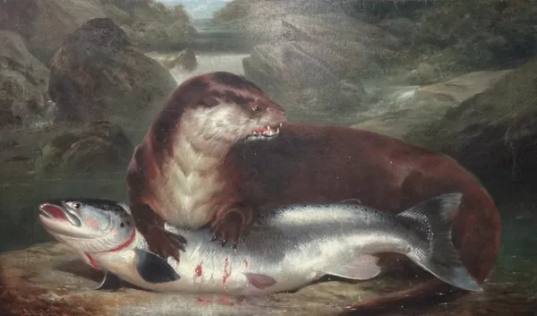 Henry Leonidas Rolfe (1813-1911), An otter with a salmon, oil on canvas, signed and dated 1867, unframed, 45.5cm x 75.5cm.