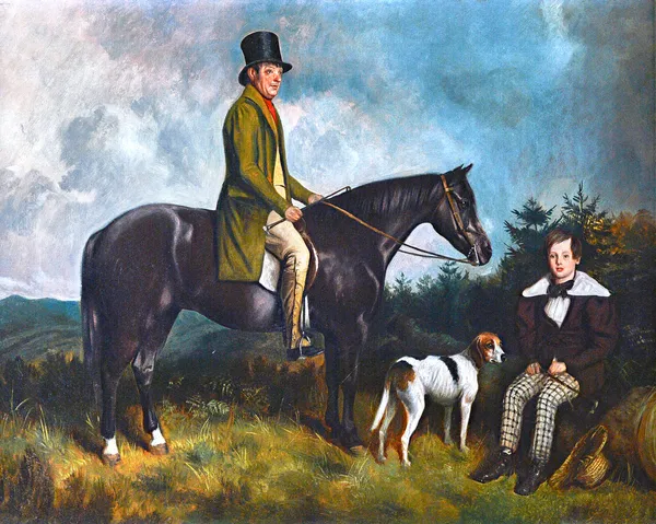 English School (19th Century), A man on a horse with a boy and dog, oil on canvas, 59cm x 74cm.  Illustrated