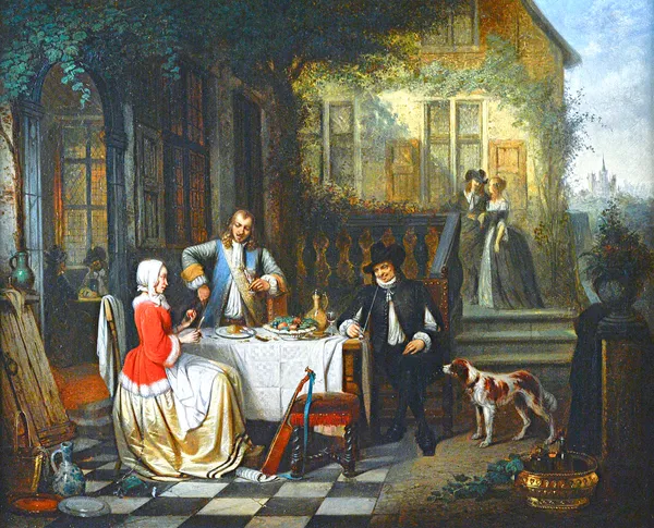 Ferdinand de Braekeleer (1792-1883), An elegant company on a terrace, oil on board, 51cm x 63cm.  Illustrated
