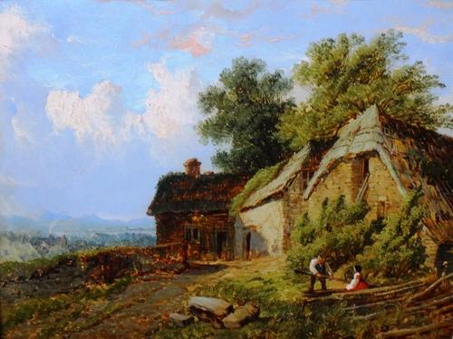 Circle of Edmund John Niemann, Children by a cottage, oil on board, 25cm x 34cm.