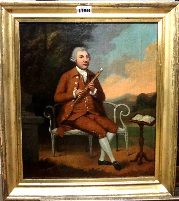 Follower of Arthur Devis, Portrait of a gentleman, seated on a bench holding a flute, oil on canvas, 35cm x 30cm.Provenance: with the Parker Gallery