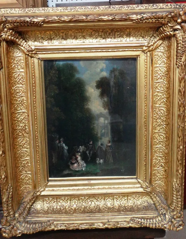 Manner of Watteau, Fête Gallante, oil on board, 22cm x 16cm.