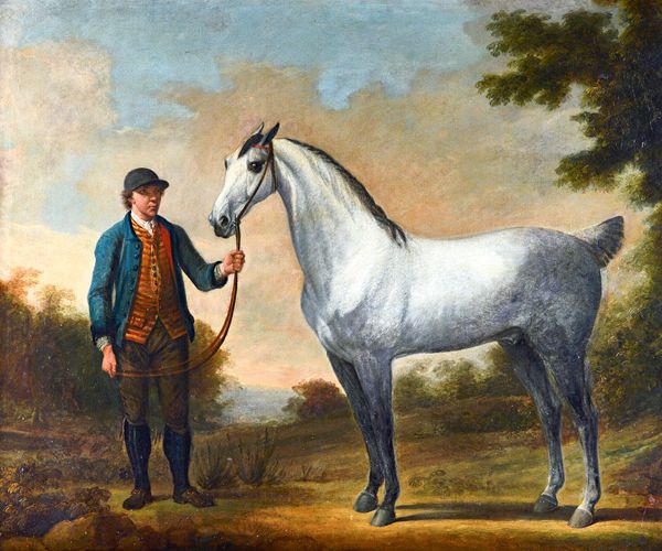 Attributed to George Garrard (1760-1826), Grey horse and groom, oil on canvas, 88cm x 110cm.  Illustrated
