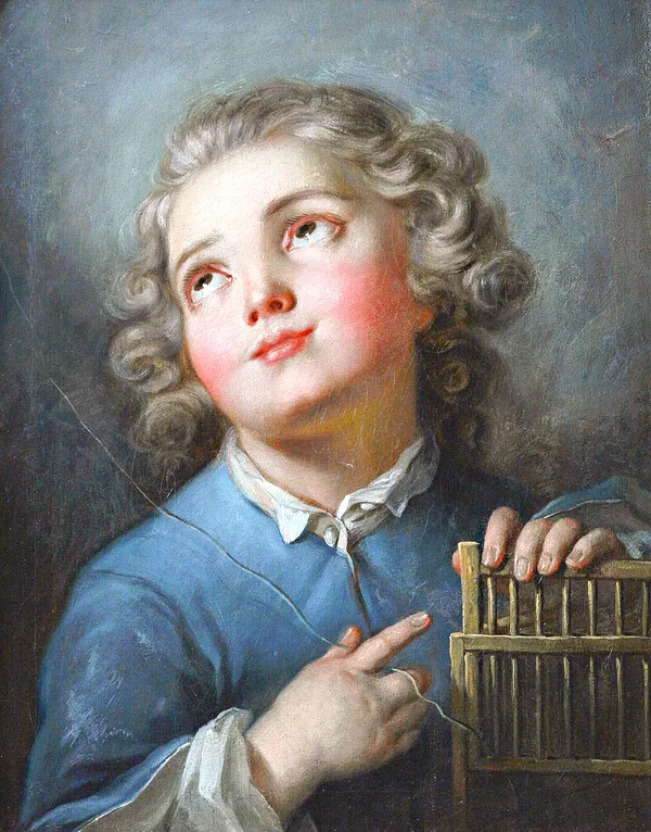Circle of Jean Baptiste Greuze, Portrait of a young boy, holding a string from an empty birdcage, oil on canvas, 39cm x 31cm.  Illustrated
