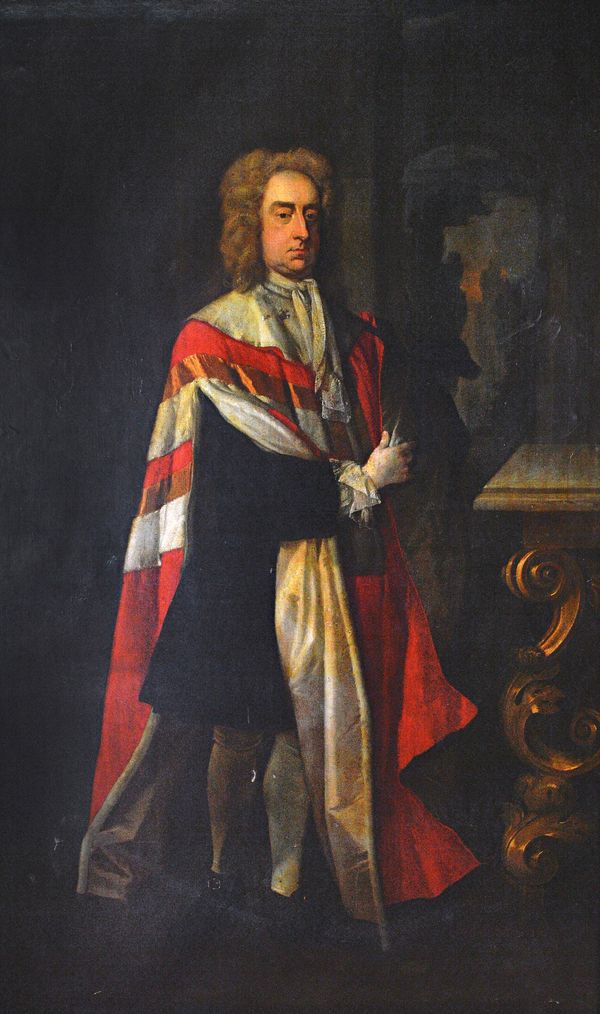 Follower of Thomas Hudson, Portrait of a gentleman in ceremonial robes, full length, oil on canvas, 233cm x 142cm.  Illustrated