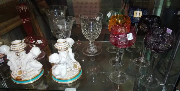 A pair of  Minton figural white glazed candlesticks, six coloured hock glasses and sundry glass, (qty).   CAB