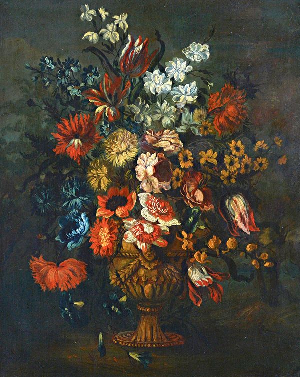 Circle of Pieter Casteels III, Still life of flowers, oil on canvas, 74.5cm x 61cm.  Illustrated