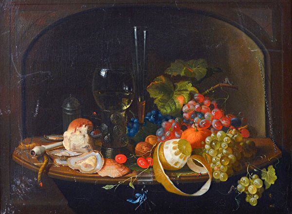 Continental School (18th century), Still life of fruit, seafood and roemer, oil on canvas, 44cm x 60cm.  Illustrated