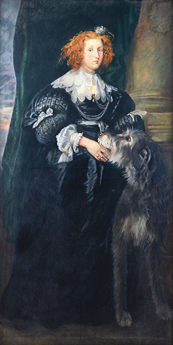 Manner of van Dyck, Portrait of a gentleman; Portrait of a lady with a dog, a pair, oil on canvas, each 150cm x 80cm.(2)  Illustrated