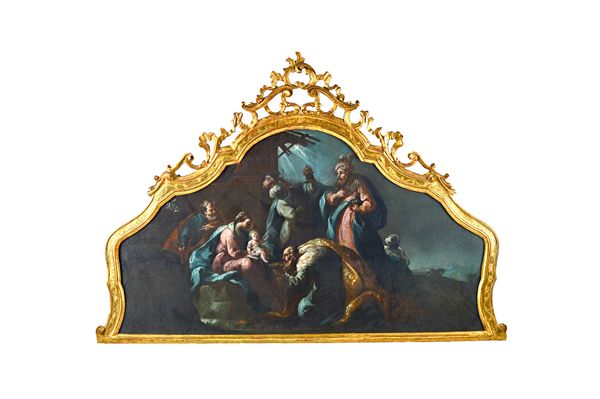 Circle of Gaspare Diziani, The Adoration of the Magi, oil on canvas, shaped top, 88cm x 158cm.  Illustrated