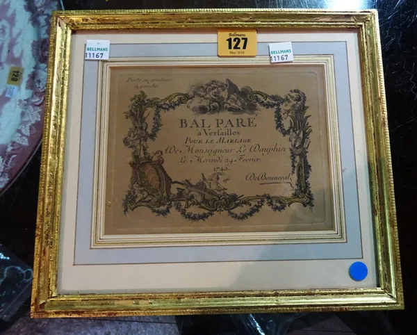 A 20th century framed invitation to Versailles, 17cm x 13cm  CAB