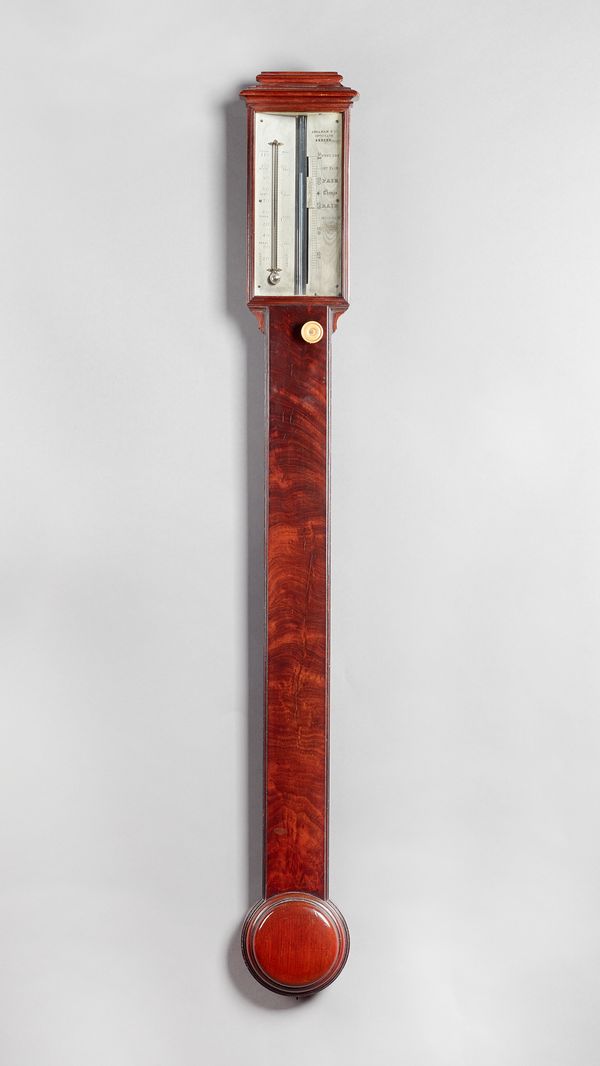 A Victorian mahogany stick barometerBy Abraham & Co., ExeterThe rectangular moulded cornice above ivory engraved dials, with vernier scale and thermom