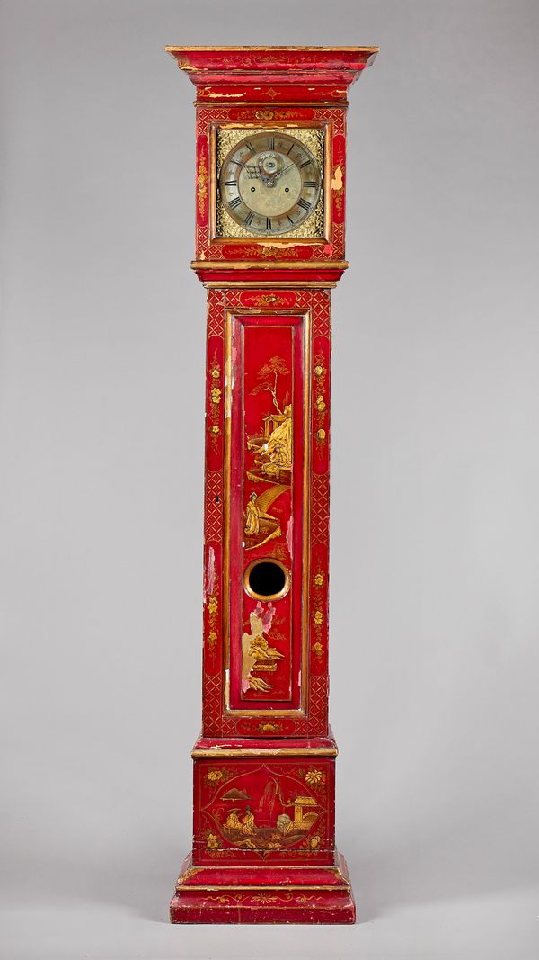 An interesting Chinoiserie scarlet lacquered longcase clockThe pediment with a moulded cornice above a glazed door, the trunk with a panelled door cen