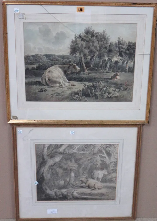 English School (early 19th century), Cattle resting in a landscape, watercolour, 35cm x 47cm; together with a further watercolour of cattle sheep and