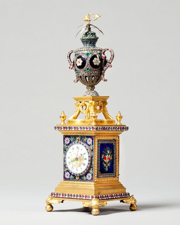 A George III ormolu, Geneva enamel and paste set automaton timepiece For the Chinese market, attributed to William Carpenter, circa 1800 with later mo