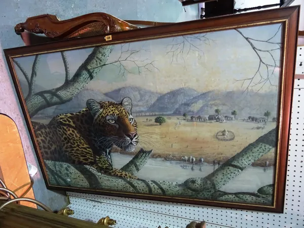 School of Rathambore, Leopard in a landscape, watercolour and bodycolour on linen, indistinctly inscribed, 83cm x 134cm. ROST