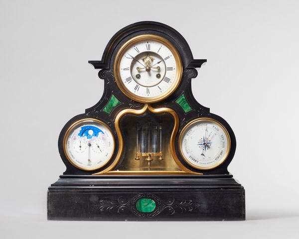 A French black marble and malachite inset mantel clock with calendar and barometercirca 1890The broken arched case of shaped outline, with central rec