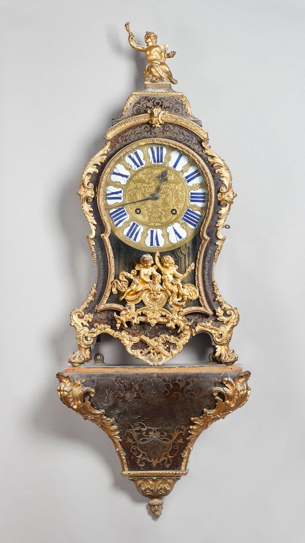A Louis XV tortoisehell and cut-brass inlaid bracket clock and bracketBy Tortin, ParisSurmounted by a cherub holding a flaming torch, above the waiste