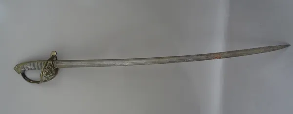 A Victorian officer's sword, with slightly curved steel blade (82cm long), brass hilt with 'VR' cypher, and a wire bound fish screen grip, together wi