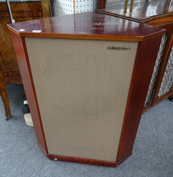 A pair of vintage mahogany cased 'Tannoy' corner speakers; Monitor gold type LSU/HF/15/8, stamped '121702', speaker approx 12 inches diameter, case 84