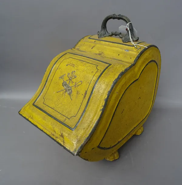 A 19th century tôle peinte coal purdonium, with foliate scroll handle and hinged lid, yellow painted on four wheels, 41cm high, and another similar tô