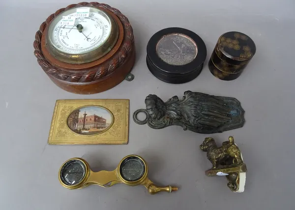 A quantity of small collectables, including; a walnut cased barometer by 'NORIE & WILSON' (15cm diameter), a Victorian brass 2.5inch fishing reel, two