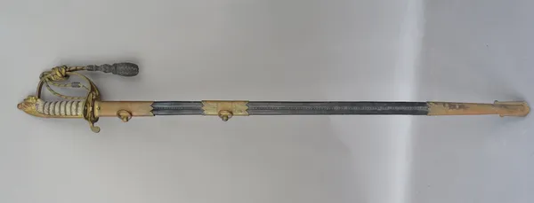 A British Naval officer's sword, 19th century, with straight engraved steel blade (80cm), folding brass hilt with naval cast cypher, wire bound fish s