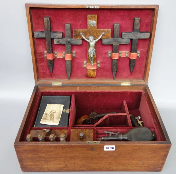 A vampire killing kit, 19th century mahogany box with later additions, containing crucifix and four stakes, bible, photograph of priest, European sing