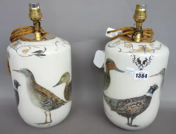 A pair of modern Decalcomania glass table lamps, decorated with game birds, 25cm high, (2).