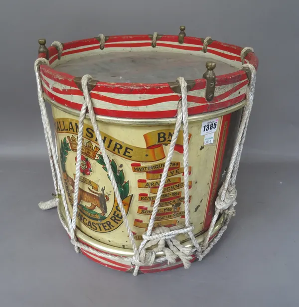 A wooden bound metal bandsman's parade drum by Henry Potter & Co., London, polychrome decorated with 'Hallamshire York and Lancaster' Regiment crest,