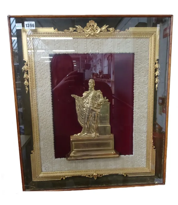 A Victorian style gilt metal half block portrait plaque, depicting King William IV, within a wide textile border and giltwood frame and further wooden