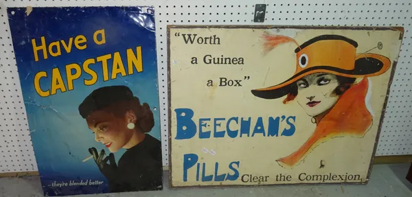 A 20th century 'Beecham's Pills' advertising sign, 88cm wide x 68cm high, and a 20th century metal 'Capstan' advertising sign, 49cm wide x 79cm high,