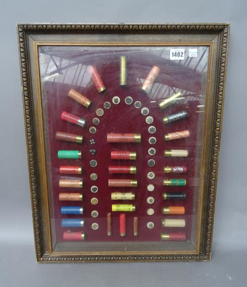 A collection of vintage shotgun cartridges, Eley, Hil, Wizard and others, displayed as one against a crimson velvet ground, in a wooden glazed case, 6