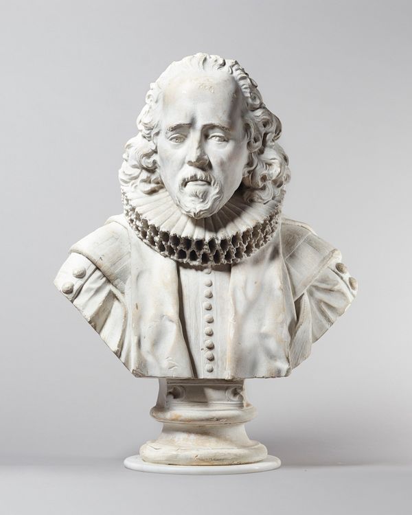 After Louis-François Roubiliac; Sir Francis Bacon, 1st Lord Verulam (1561-1626), plaster, on a later veined white marble circular base, 79cm high.  Il